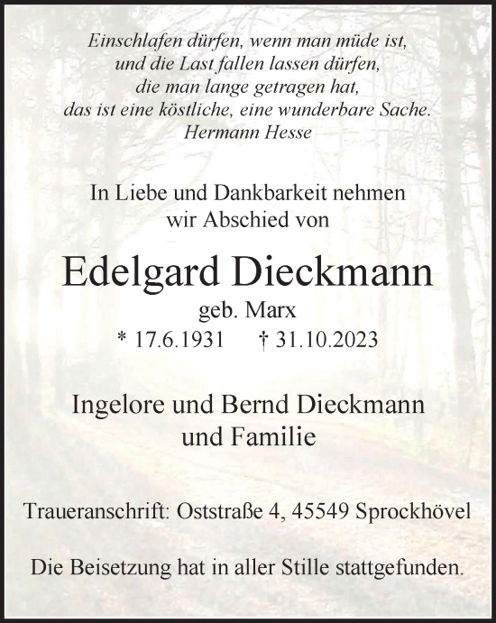 Traueranzeige von Edelgard Dieckmann von Tageszeitung