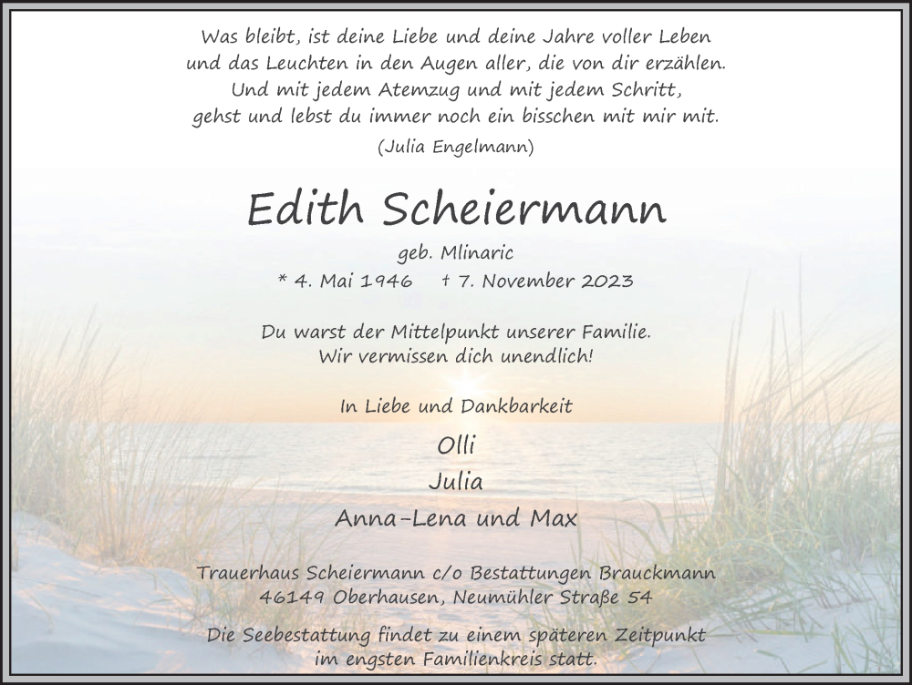  Traueranzeige für Edith Scheiermann vom 14.11.2023 aus Tageszeitung