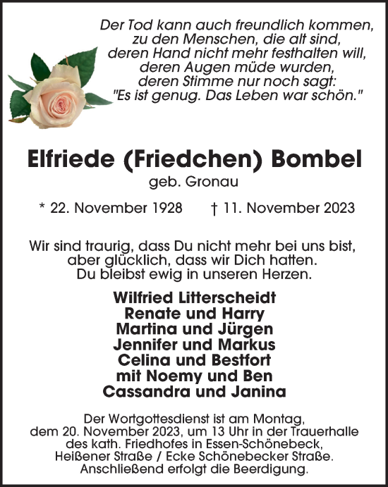 Traueranzeige von Elfriede Bombel von Tageszeitung