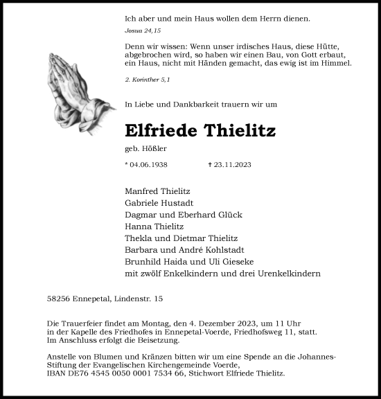 Traueranzeige von Elfriede Thielitz von Tageszeitung