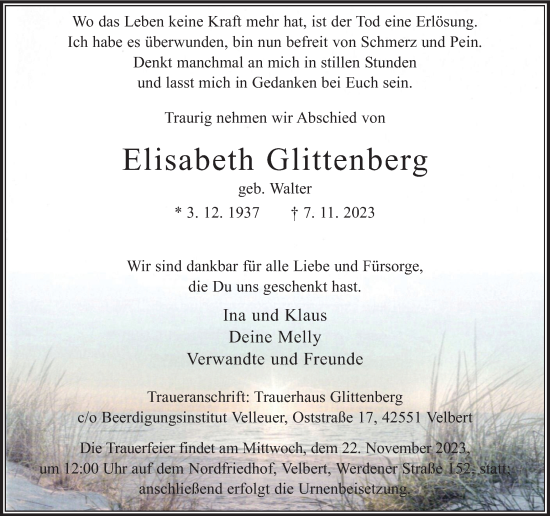 Traueranzeige von Elisabeth Glittenberg von Tageszeitung