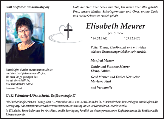 Traueranzeige von Elisabeth Meurer von Tageszeitung
