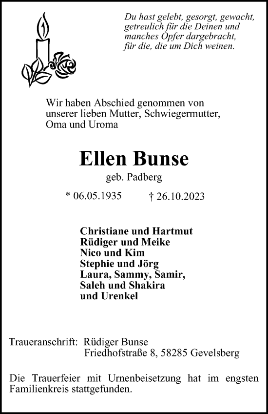 Traueranzeige von Ellen Bunse von Tageszeitung