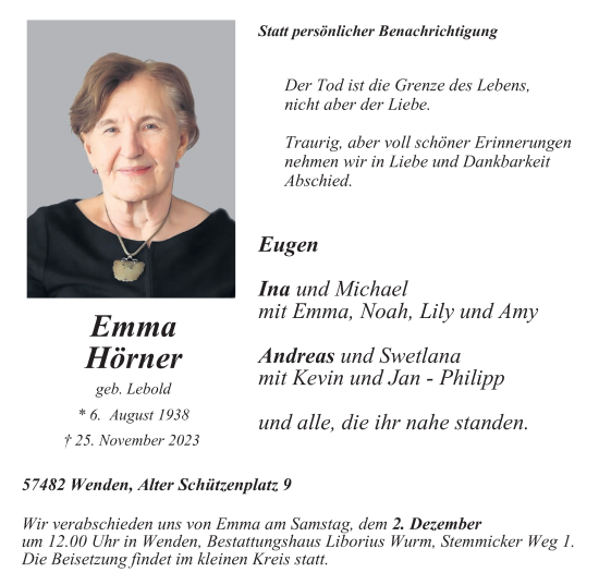 Traueranzeige von Emma Hörner von Tageszeitung