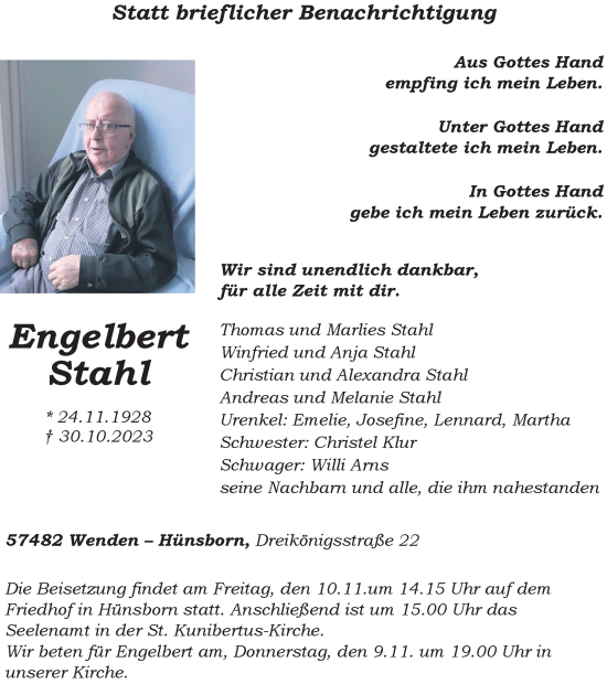Traueranzeige von Engelbert Stahl von Tageszeitung
