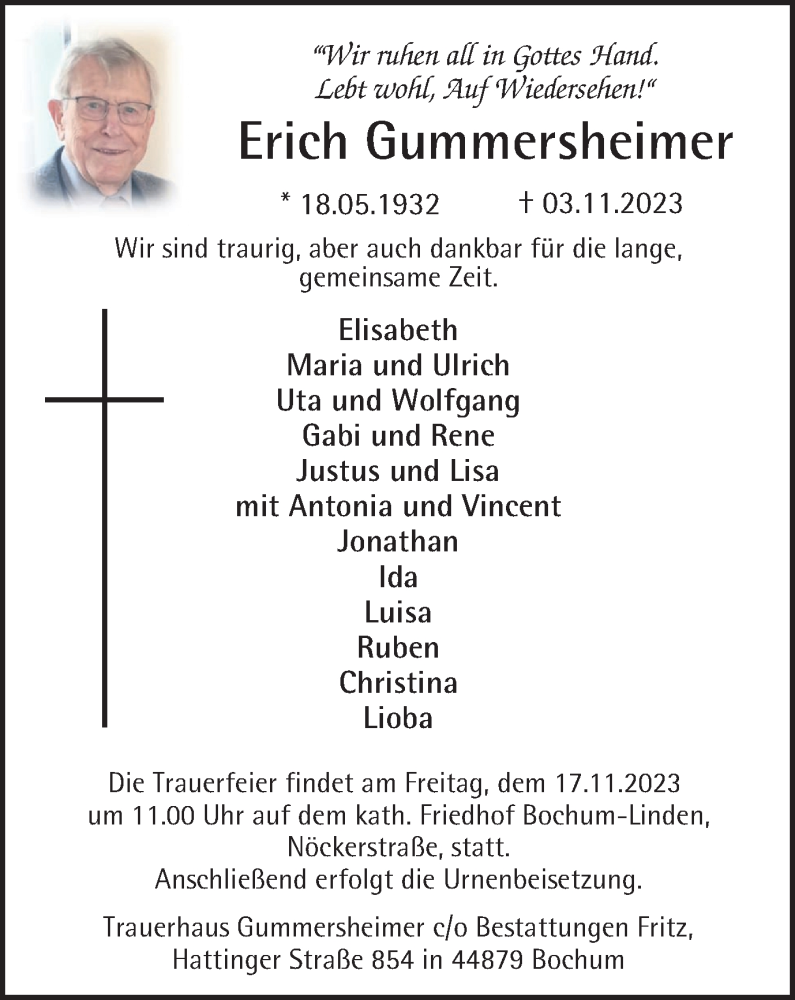  Traueranzeige für Erich Gummersheimer vom 11.11.2023 aus Tageszeitung