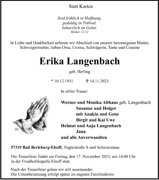 Traueranzeige von Erika Langenbach von Tageszeitung