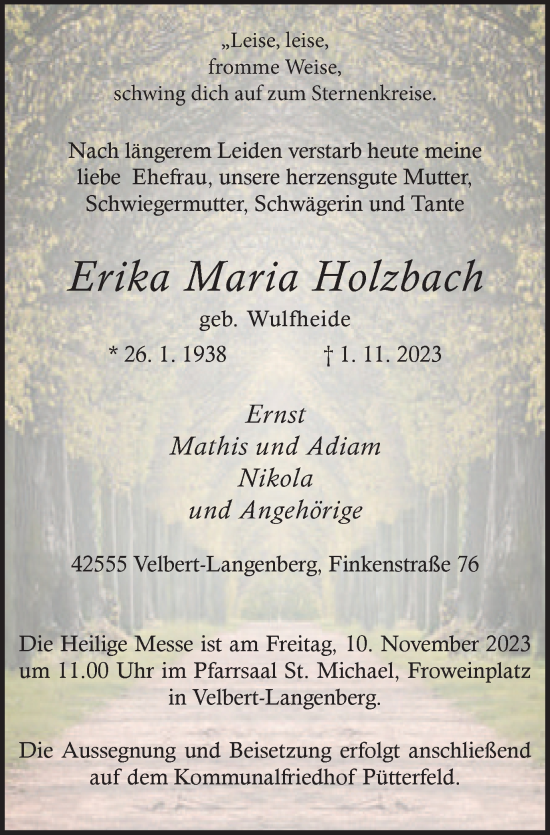 Traueranzeige von Erika Maria Holzbach von Tageszeitung