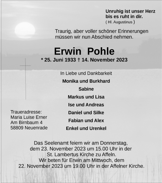 Traueranzeige von Erwin Pohle von Tageszeitung