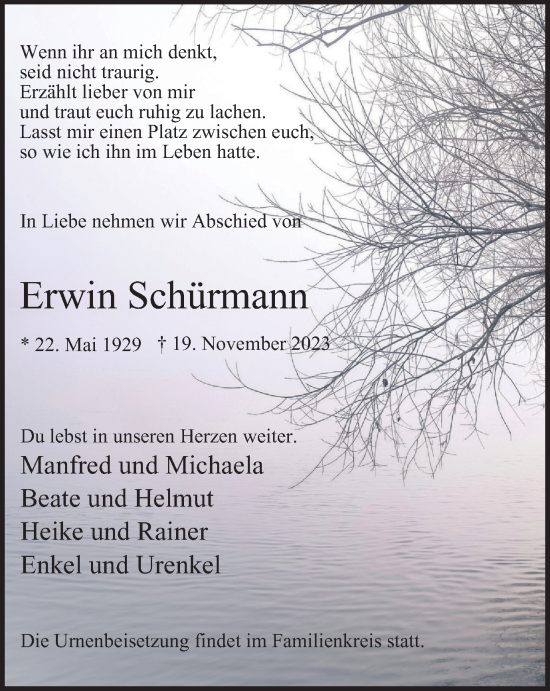 Traueranzeige von Erwin Schürmann von Tageszeitung