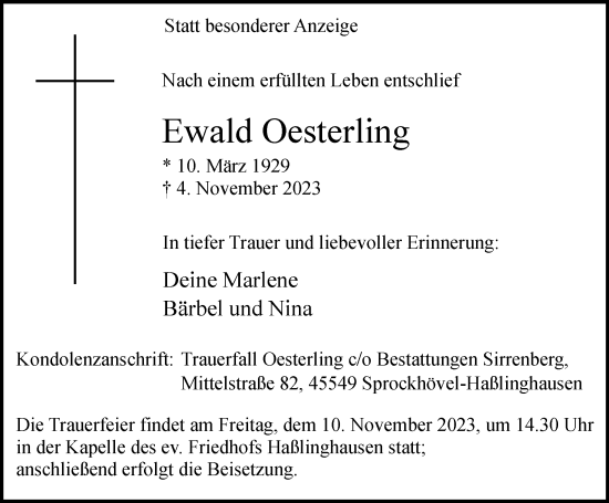 Traueranzeige von Ewald Oesterling von Tageszeitung