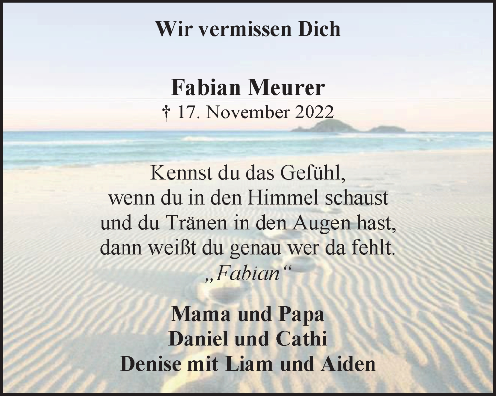  Traueranzeige für Fabian Meurer vom 18.11.2023 aus Tageszeitung