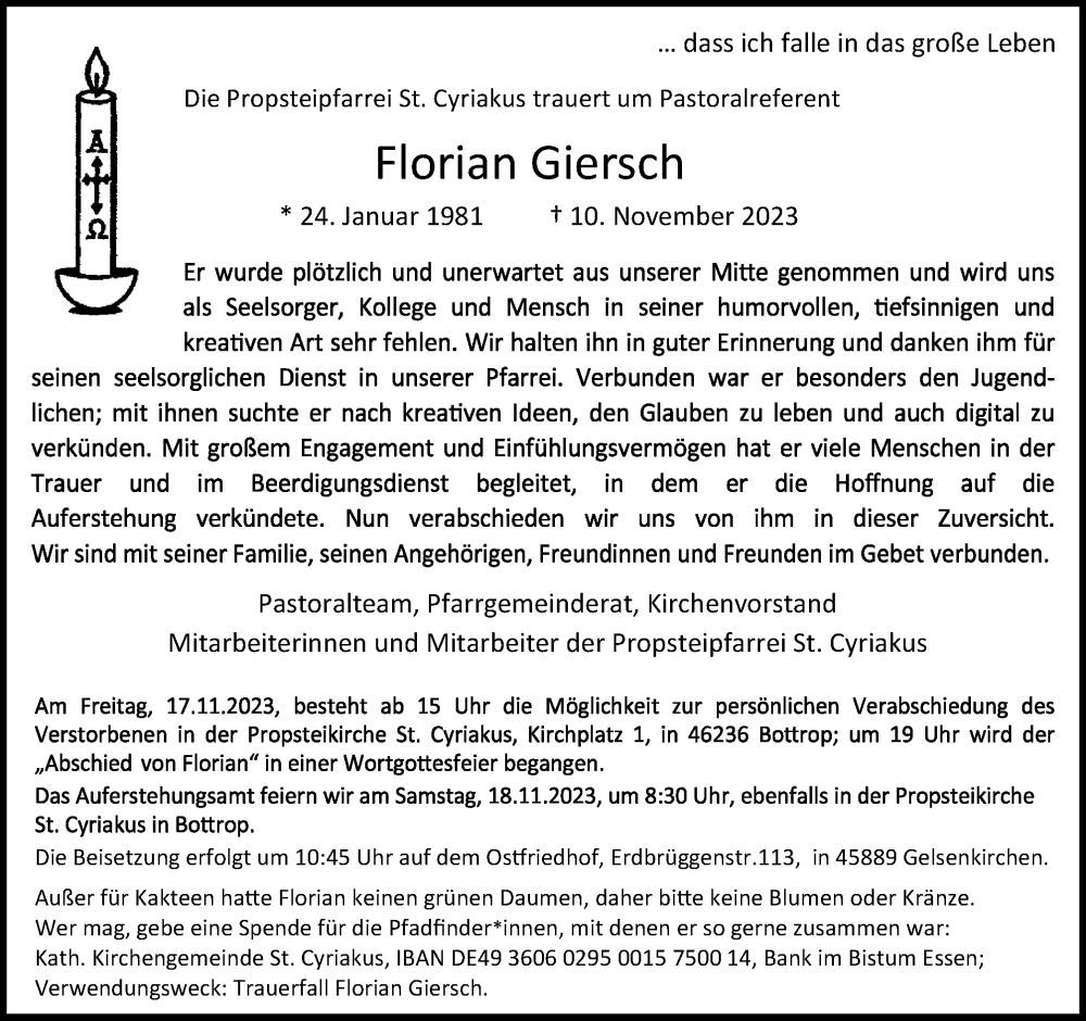  Traueranzeige für Florian Giersch vom 16.11.2023 aus Tageszeitung