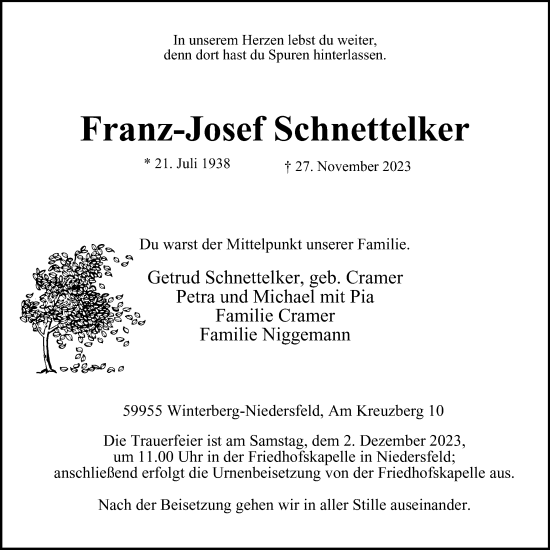 Traueranzeige von Franz-Josef Schnettelker von Tageszeitung