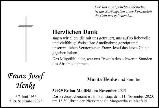 Traueranzeige von Franz Josef Henke von Tageszeitung