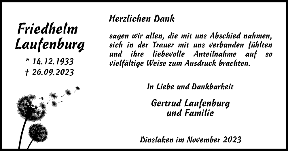  Traueranzeige für Friedhelm Laufenburg vom 28.11.2023 aus Tageszeitung