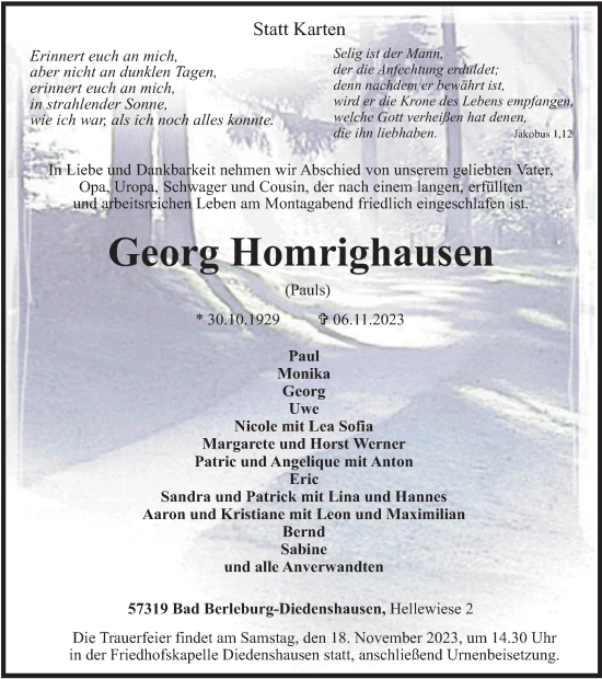 Traueranzeige von Georg Homrighausen von Tageszeitung