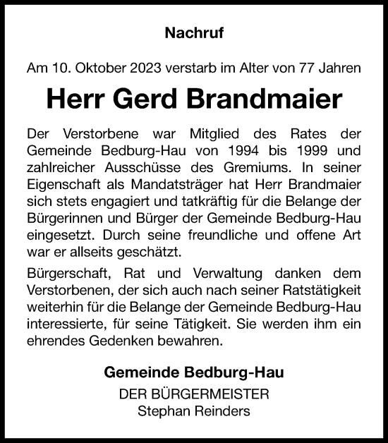 Traueranzeigen Von Gerd Brandmaier Trauer In Nrw De