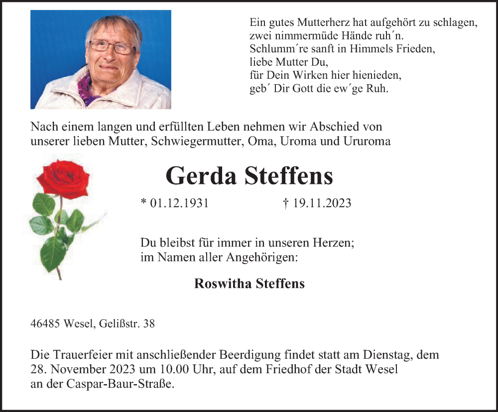 Traueranzeigen von Gerda Steffens | Trauer-in-NRW.de