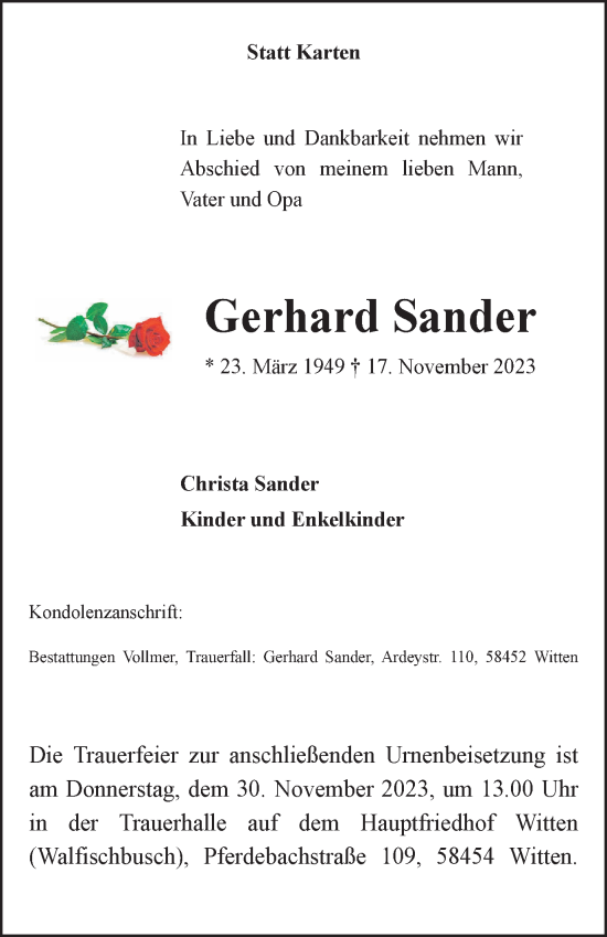 Traueranzeige von Gerhard Sander von Tageszeitung