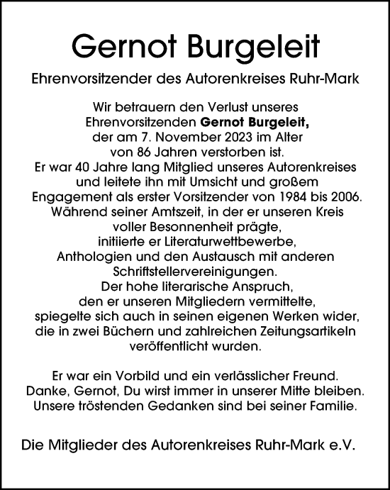 Traueranzeige von Gernot Burgeleit von Tageszeitung