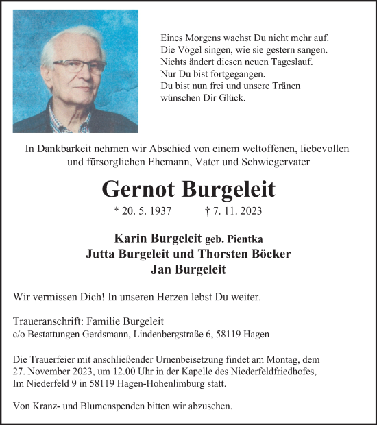 Traueranzeige von Gernot Burgeleit von Tageszeitung