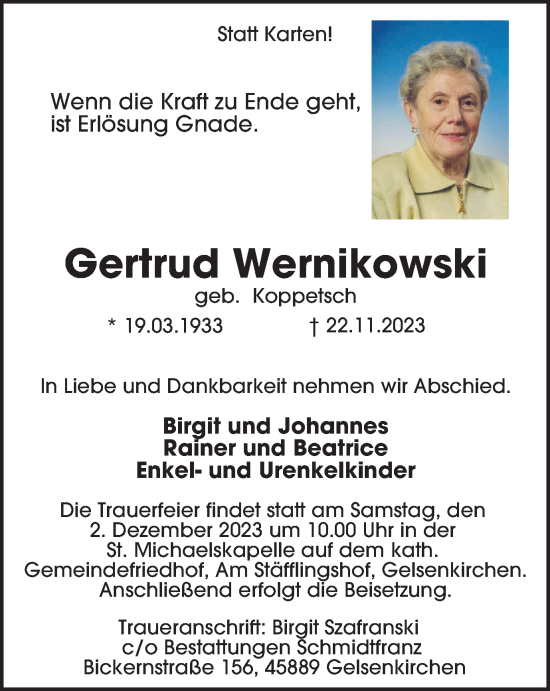 Traueranzeige von Gertrud Wernikowski von Tageszeitung