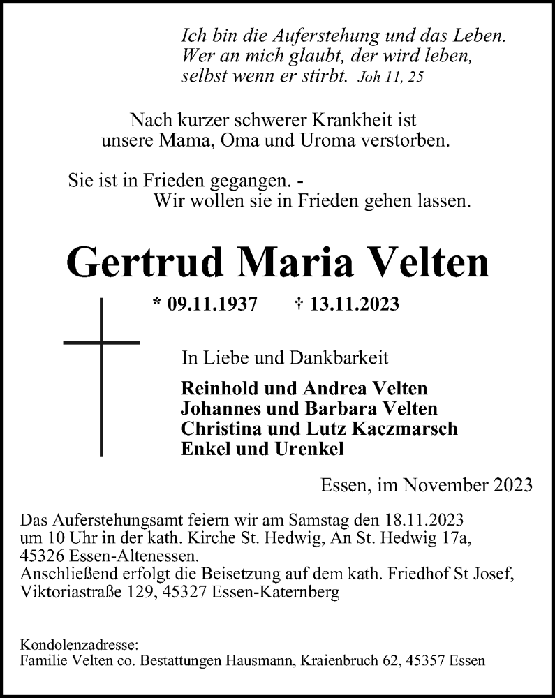  Traueranzeige für Gertrud Maria Velten vom 17.11.2023 aus Tageszeitung