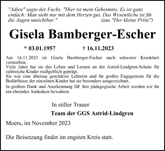 Traueranzeige von Gisela Bamberger-Escher von Tageszeitung
