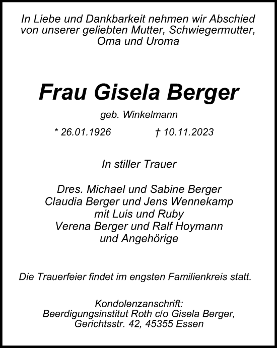 Traueranzeige von Gisela Berger von Tageszeitung