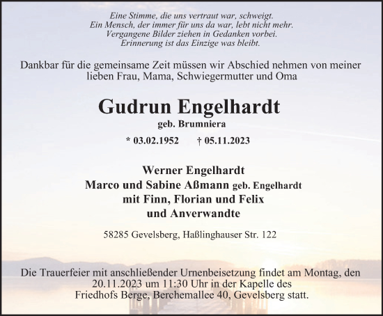 Traueranzeige von Gudrun Engelhardt von Tageszeitung