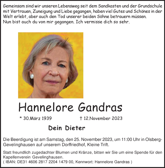 Traueranzeige von Hannelore Gandras von Tageszeitung