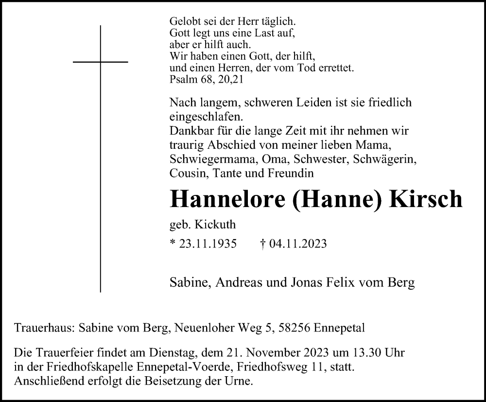  Traueranzeige für Hannelore Kirsch vom 11.11.2023 aus Tageszeitung