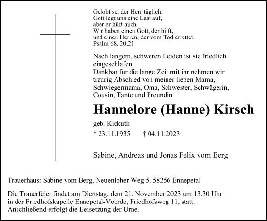 Traueranzeige von Hannelore Kirsch von Tageszeitung