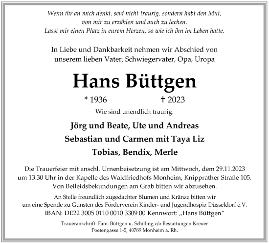 Traueranzeige von Hans Büttgen von Tageszeitung