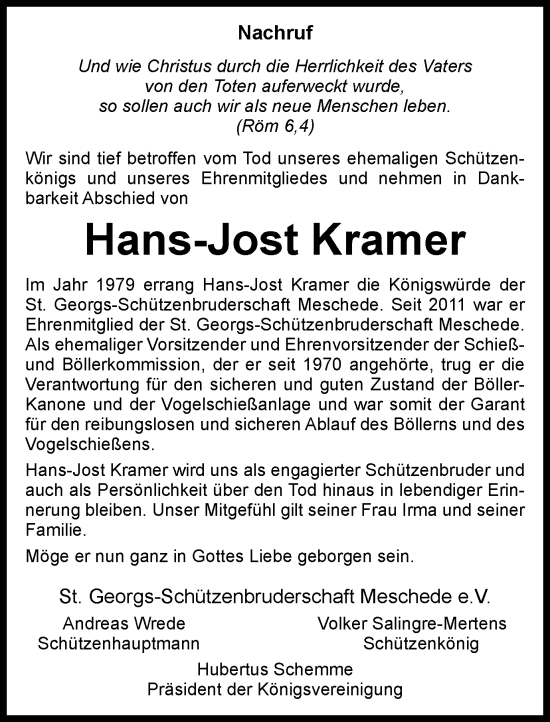 Traueranzeige von Hans-Jost Kramer von Tageszeitung