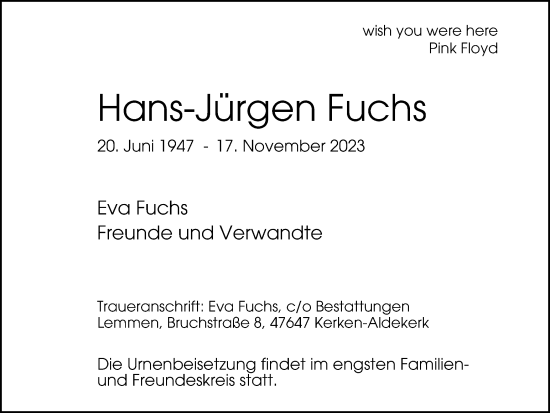 Traueranzeige von Hans-Jürgen Fuchs von Tageszeitung
