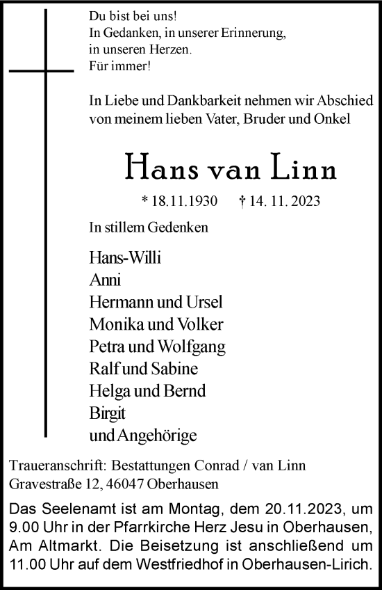Traueranzeige von Hans van Linn von Tageszeitung