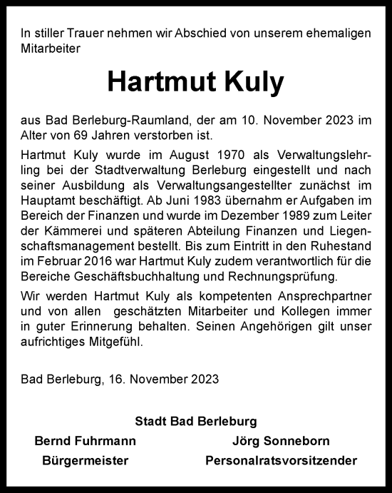 Traueranzeige von Hartmut Kuly von Tageszeitung