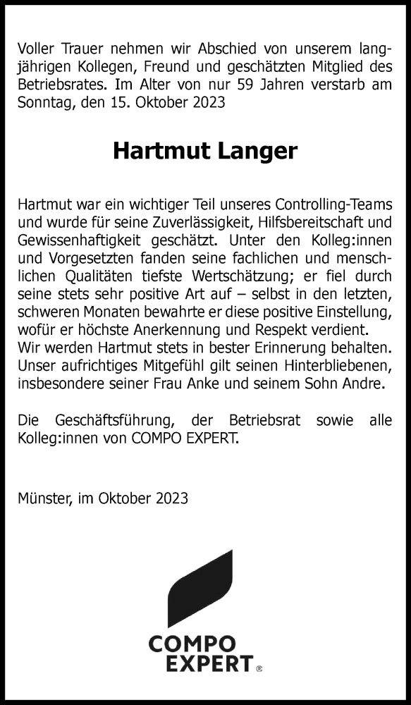  Traueranzeige für Hartmut Langer vom 03.11.2023 aus Tageszeitung