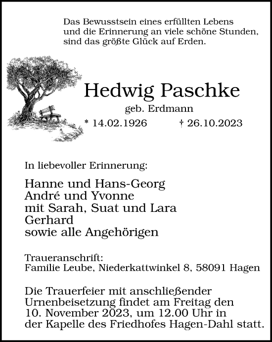 Traueranzeige von Hedwig Paschke von Tageszeitung