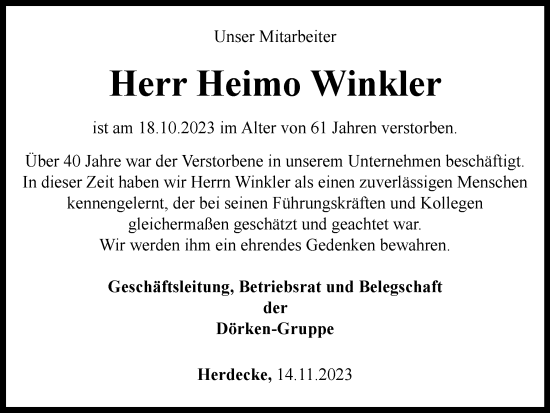 Traueranzeige von Heimo Winkler von Tageszeitung