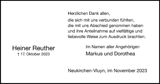 Traueranzeige von Heiner Reuther von Tageszeitung