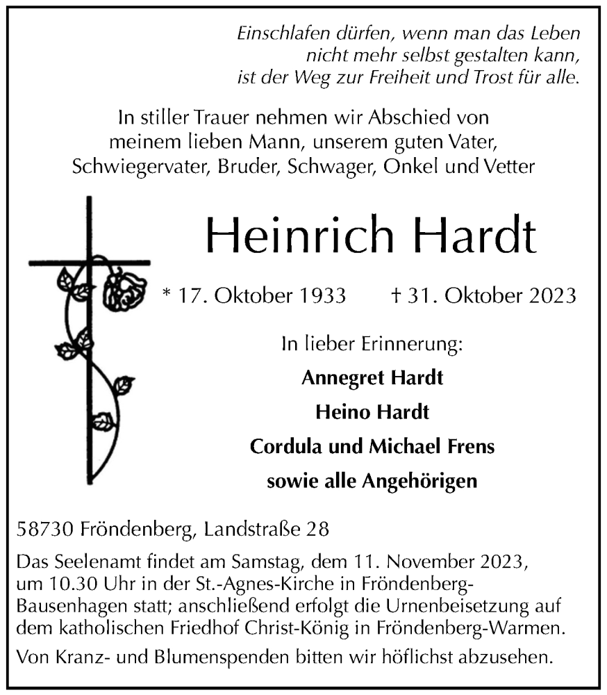  Traueranzeige für Heinrich Hardt vom 04.11.2023 aus Tageszeitung