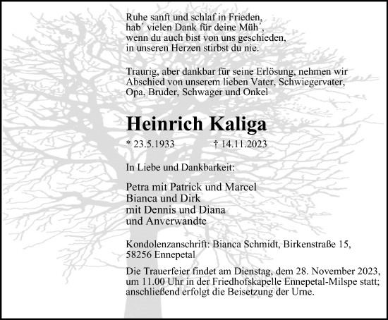 Traueranzeige von Heinrich Kaliga von Tageszeitung