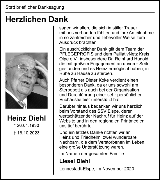 Traueranzeige von Heinz Diehl von Tageszeitung