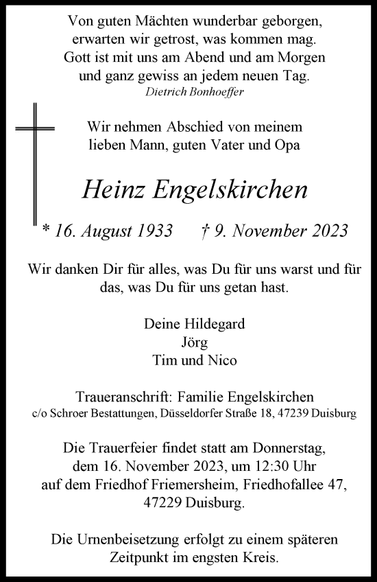 Traueranzeige von Heinz Engelskirchen von Tageszeitung