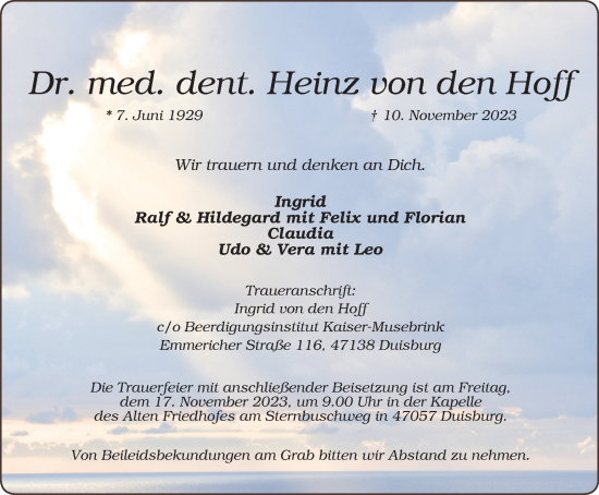 Traueranzeige von Heinz von den Hoff von Tageszeitung