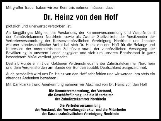 Traueranzeige von Heinz von den Hoff von Tageszeitung