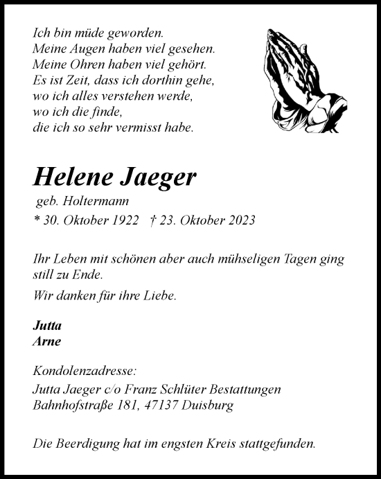 Traueranzeige von Helene Jaeger von Tageszeitung